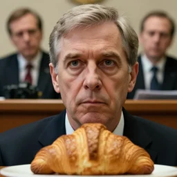 closeup portrait of a lawsuit against a croissant, questioning croissant in court. photograph, natural light, sharp, detailed face, magazine, press, photo. steve mccurry, david lazar, canon, nikon, focus