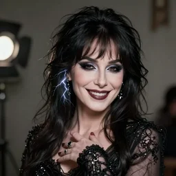 liz taylor as death from sandman, gentle smile, goth chic, by cedric peyravernay, by lecouffe deharme, soft lightning, eyeliner, punk rock, high detailed, 8 k