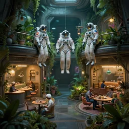 people in space suits hanging out in a spaceship with lush gardens, coffee shops and living quarters, cyberpunk, moody, luminescent, rule of thirds, golden ratio, ambient lighting, syd mead, greg rutkowski, wlop, artgerm, artstation, highly detailed masterpiece
