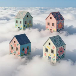 four houses by toyo ito, white sea cloud, summer morning, very coherent and colorful high contrast, art by! gediminas pranckevicius! geof darrow, pastel color, volumetric lighting, cinematic, floralpunk screen printing woodblock, dark shadows, hard lighting, stippling art