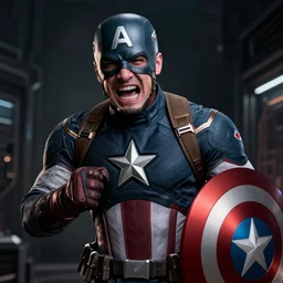 captain America in pain and anger deep dark backlit technoir cinematic photo by Leica Zeiss using force in detailed squareenix mcu style trending on artstation deviantart realistic hd by Kubrick and lucas