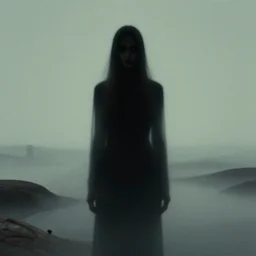 creepy unsettling distant otherworldly being staring directly into the camera in an alien landscape, abstract art, surreal, horror, minimalist, retrofuturism, digital art