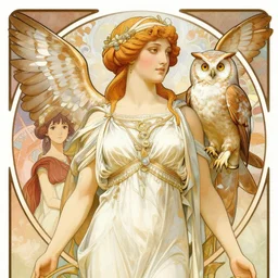 realistic detailed illustration of Minerva and her owl, Greek Goddess by Alphonse Mucha, Ayami Kojima, Amano, Charlie Bowater, Karol Bak, Greg Hildebrandt, Jean Delville, and Mark Brooks, Art Nouveau, Pre-Raphaelite, Neo-Gothic, gothic, rich deep moody colors
