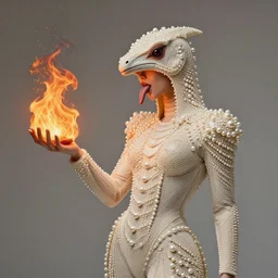 a girl in a pearl - colored chamelion suit with a long tongue holds in her hand the majestic fire of ancient ancestors