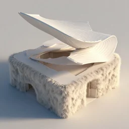 unfinished sculptural pleated curved roof planes lift and descend creating shade and architectural expression, 3 d top view axonometric, dramatic surrealist form, morning light, lightweight structures, furry facade, isometric