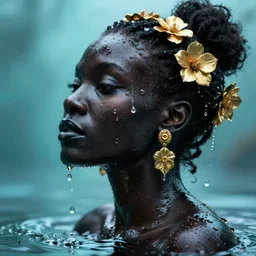 hyperrealistic precisionist cinematic profile very expressive! black oshun goddess, in water! up to shoulders, mirror dripping droplet!, gold flowers, highly detailed face, digital art masterpiece, smooth eric zener cam de leon, dramatic pearlescent turquoise light on one side, aperture priority low angle uhd 8 k, shallow depth of field