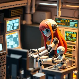 photo of nendroid figures inside a diorama of a laboratory : : a cute female robot designed by osamu tezuka with long hair is repairing computers. she is being helped by an abstract companion robot.