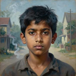 a beautiful cinematic masterpiece classical headshot closeup portrait of a modern stoner indian boy in 2 1 st century suburban indian town, surrounded in smoke, stoned, tripping, centered, head only, by willem claesz. heda, by greg rutkowski, oil on canvas, ornate, suburban, brilliant cold lighting, detailed, no frames, 8 k