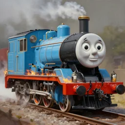 Thomas the train of fire, realistic painting, high definition, digital art, matte painting, very detailed, realistic