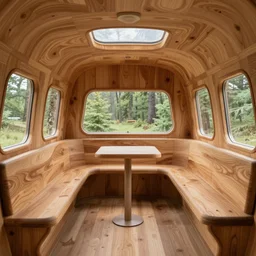 the interior of a 1 9 7 0 s space ship carved out of wood, designed by eero saarinen, trees visible through the windows