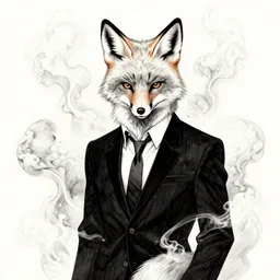 portrait of a void fox in black suit surrounded by smoke fumes,, pen and ink, intricate line drawings, by craig mullins, ruan jia, kentaro miura, greg rutkowski