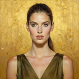 epic painting, full figure portrait of beautiful supermodel face wearing olive dress. drawing, photography by amy leibowitz, wlop, jeremy lipkin, beeple, intricate, symmetrical front portrait, artgerm, golden glowing background