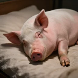 hyper realistic image of a pig sleeping in his bed it night - n 9