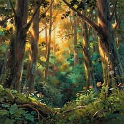 sharp focus, breath taking beautiful, Aesthetically pleasing, gouache forest at golden hour, digital concept art background by Hayao Miyazaki and Studio Ghibli, fine art, official media, high definition, illustration, ambient lighting, HDR, HD, UHD, 4K, 8K, cinematic, high quality scan, award winning, trending, featured, masterful, dynamic, energetic, lively, elegant, intricate, complex, highly detailed, Richly textured, Rich vivid Color, masterpiece.