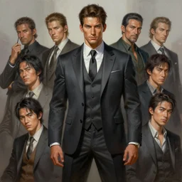 concept art of stunning male hunter wearing suit, highly detailed painting by dustin nguyen, akihiko yoshida, greg tocchini, greg rutkowski, cliff chiang, 4 k resolution, trending on artstation, 8 k