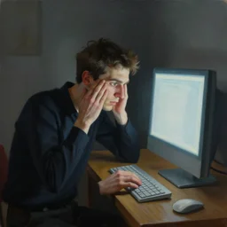 an award - winning masterpiece painting of a man getting ready to murder in front of a personal computer, by joan cornella, by greg rutkowski, by edward hopper, dark comedy, humor, satire, trending on artstation, featured on pixiv, cinematic composition, beautiful lighting, detailed, hd,