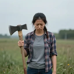disappointed mom holding a pickaxe alone