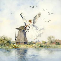 watercolor by anders zorn, flying birds, water, white dress, windmill