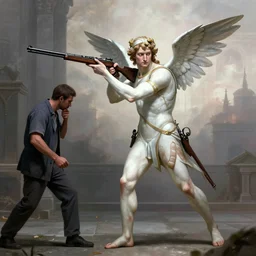 cupido holding a rifle follows a prisoner