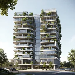 architectural rendering, brutalism building in milan, italy like habitat 6 7, using modern material like steel + concrete + glass, biophilia