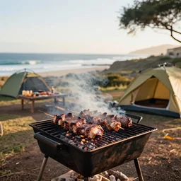 a photo of a South African braaing meat at a campsite by the sea