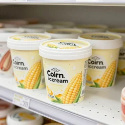 Corn Flavored Ice cream tub, store shelf