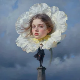 portrait, giant flower head, a girl is standing on pillar, surreal photography, wind and cold, dramatic sky, impressionist painting, digital painting, artstation, simon stalenhag