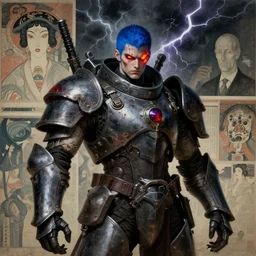 composition of gothic and futuristic young man, warhammer, cyberpunk armor, more and more scars, thunderstorm, blue head, fire eyes, some red and purple, the middle ages, highly detailed, artstation, in the style of moebius, jugendstil and classic japanese print, art by rene magritte and jean delville