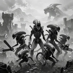 6 xenomorphs, entwined, highly detailed background, black and white, unkown city, haze, landscape, 3 castles, 4 k, photograph, tentacles, chainsaw, wings, leviathan, distant mountains, clouds melting