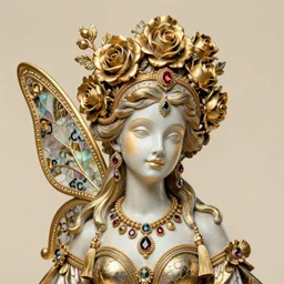 a 6 5 mm fashion headshot portrait of a fairy lady sculpture who has rococo dramatic headdress with roses, dressing tassels gemstones, by cedric peyravernay, virginie ropars, william holman hunt, gucci, dior, trending on pinterest, hyperreal, jewelry, gold, maximalist