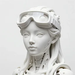 full head and shoulders, beautiful female porcelain sculpture with a huge amount of white 3 d cyborg elements, white prosthetic eyes, 3 d goggles, smooth, all white features on a white background, delicate facial features, white eyes, white lashes, detailed white liquid, anatomical by daniel arsham and james jean