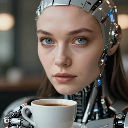 ultra detailed portrait of a futuristic cybernetic cyborg with a cup of coffee, by tom bagshaw and anna dittman, perfect eyes and face, 3 5 mm lens, biomechanical robot, deep depth of field, artstation, 8 k