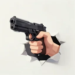 a hand holding a gun is poking out from a folded piece of paper, concept art, anime, 4 k.