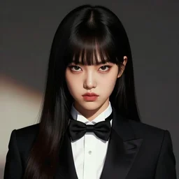 portrait of a beautiful korean girl wearing a men's tuxedo, with bangs, long hair and bangs, angular features, angry expression, dramatic lighting, illustration by Greg rutkowski, yoji shinkawa, 4k, digital art, concept art, trending on artstation