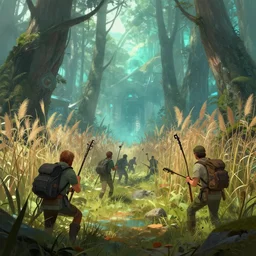 modern reed - people hunting in futuristic spiritual mystical post apocalyptic forest from world of strugatsky drawn by justin roiland, dim painterly volumetric aquatic lighting, beautiful, crisp, artstation, highly detailed