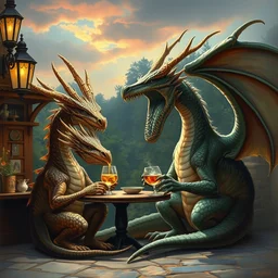 dragwads, british dragons, ultraterrestrial dragons, english dragons drinking tea and gin at the local pub, subsurface scattering, soft colors, don't look out the front door no matter what you do, drawn by norman rockwell, thomas kinkade, greg rutkowski, artgerm,