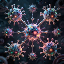 quantum connections represented as symbiotic organisms like cells playing around with colorful lights by ernst haeckel, dark, unreal 5