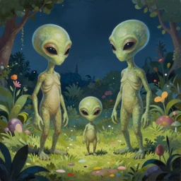 painting of aliens in a garden at night by hannah yata and r. s. connett. highly detailed digital art. 3 d perspective. sharp focus. trending on artstation