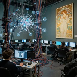 zoomed out, a room crowded with wires and computers and neural networks, zoomed out, sci - fi, ai, 4 k realistic, artem demura. courbet. alphonse mucha. wires!