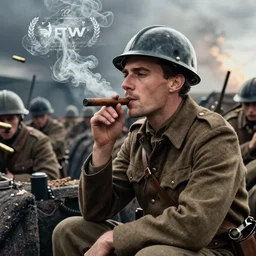 jay baruchel smoking cigar, as world war 1 soldier in the trenches, bullets whizzing past, cinematic lighting, high contrast, 4 k hdr imax cinematography by roger deakins, award winning shot, beautiful composition, principal photography, vfx action shot