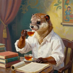 portrait painting of a human weasel in a white shirt sits drinking chinese tea with a lot of books on the table by wenjun lin, irakli nadar, bright colors, octopath traveler, wenjun lin, unreal engine 5 highly rendered, global illumination, radiant light, detailed and intricate environment