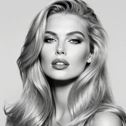 stunning award - winning portrait of a beautiful blonde woman by herb ritts. long glossy hair and makeup. lips that look like latex. supermodel. high fashion black and white photography. retro makeup. vogue. canon 5 0 mm f / 1. 6