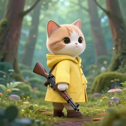 portait of a cute humanoid cat soldier wearing a yellow raincoat, venturing through a dense forest, carrying a rifle. realistic 4 k octane render, epic composition, magical atmosphere, ultra hd, masterpiece by petros afshar and rembrandt, trending on artstation, looking back over shoulder, pastel colors, extremely detailed, gorgeous centered
