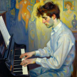 attractive man playing piano, cool colors, painting by gaston bussiere, craig mullins, greg rutkowski, alphonse mucha