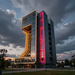 a bipedal neon building painted by zdzisław beksinski
