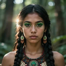 beautiful portrait, ( ( head shot ) ), taino, sharp focus, ffxiv, neo classic, bloom, movie still, dogi, sony, symmetrical, makeup, sephora, loreal, green highlights, lens, flare, studio light, octane render, maybelline, model, forest, traditional, vsco, bokeh, 8 k