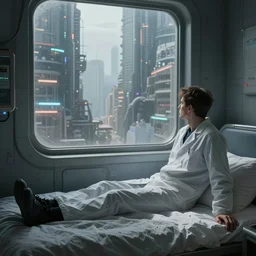 an intricate concept art of a man in his bed wearing a lab suit overlooking a dystopian city in the window, concept art, style by tyler edlin art, hyper realistic, sci - fi, cinematic, epic lighting, artstation