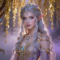 portrait of an elvish woman with long pearly hair, large ice-blue eyes, lacy diaphanous dress with ornate golden filigree, intricate crystal jewelry, elegant, fantasy, lavender and amber and rose tones, colorful lights and glowing dust, golden weeping willows, volumetric fog, god rays, studio lighting, digital painting, highly detailed, artstation, 4k, HQ, by Luis Ricardo Falero and Bouguereau and Alphonse Mucha and Peter Paul Rubens.