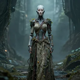 portrait of a beautiful warrior, cyborgsymetrical face, single character, perfect expression, subconscious connects, purified consciousness, dressed in long cloth with vines and wires, solarpunk enviroment, full body, ultrarealistic, cinematic lights 4 k, fine art, intrincate, artstation, octane render. by peter mohrbacher, marc simonetti & anna po