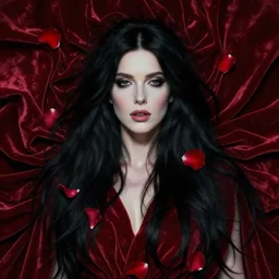 portrait of kate bush, lush black hair, pale skin, red rose petals, flowing material, ruffled velvet background, intricate, beautiful cinematic lighting, stuning painting by artgerm and ruan jia and android jones